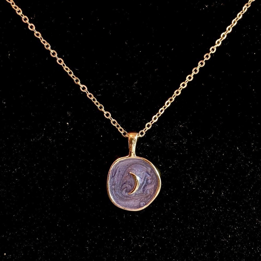 Indigo Resin Purple Crescent Moon Necklace Gold Tone - Picture 2 of 8